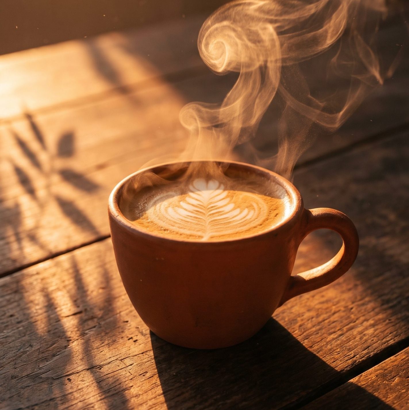 A steaming brown ceramic cup of coffee sits on a wooden table. Delicate latte art forms a leaf pattern on its surface. The scene is illuminated by warm, golden sunlight filtering through, casting soft shadows and creating a cozy atmosphere. Swirls of steam rise elegantly from the cup, enhancing the sense of warmth and relaxation.