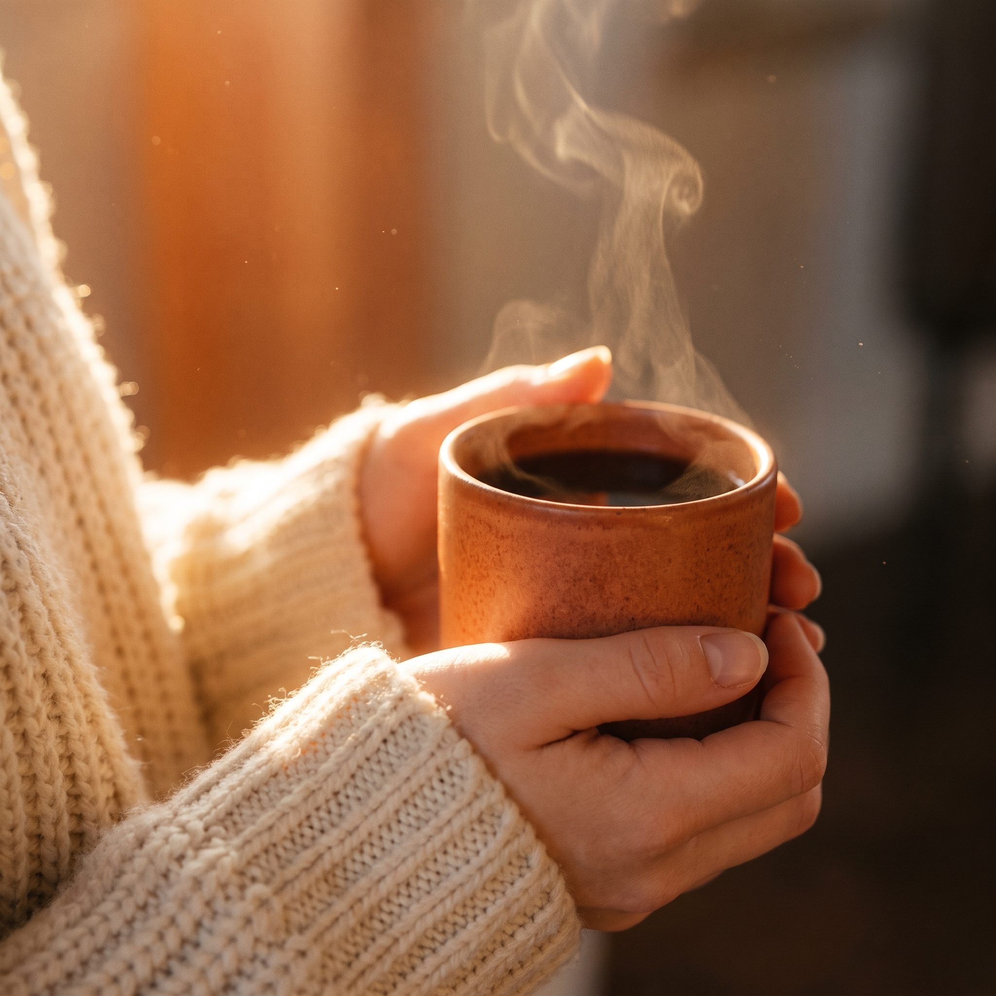 Hands wearing a chunky knit sweater hold a steaming brown mug, suggesting warmth and comfort. The soft light casts a gentle glow, enhancing the cozy atmosphere. Steam rises from the mug, emphasizing the heat of the drink inside, set against a blurred background that hints at a relaxed setting.