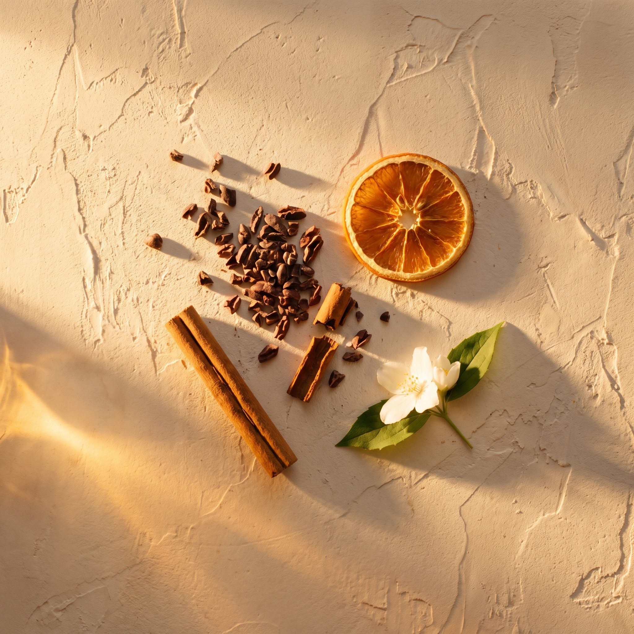 A top-down view shows a dried orange slice, cinnamon sticks, and scattered cloves on a textured beige surface. A single white flower with green leaves adds contrast, all bathed in warm sunlight, creating long shadows. The arrangement suggests a cozy, aromatic atmosphere.